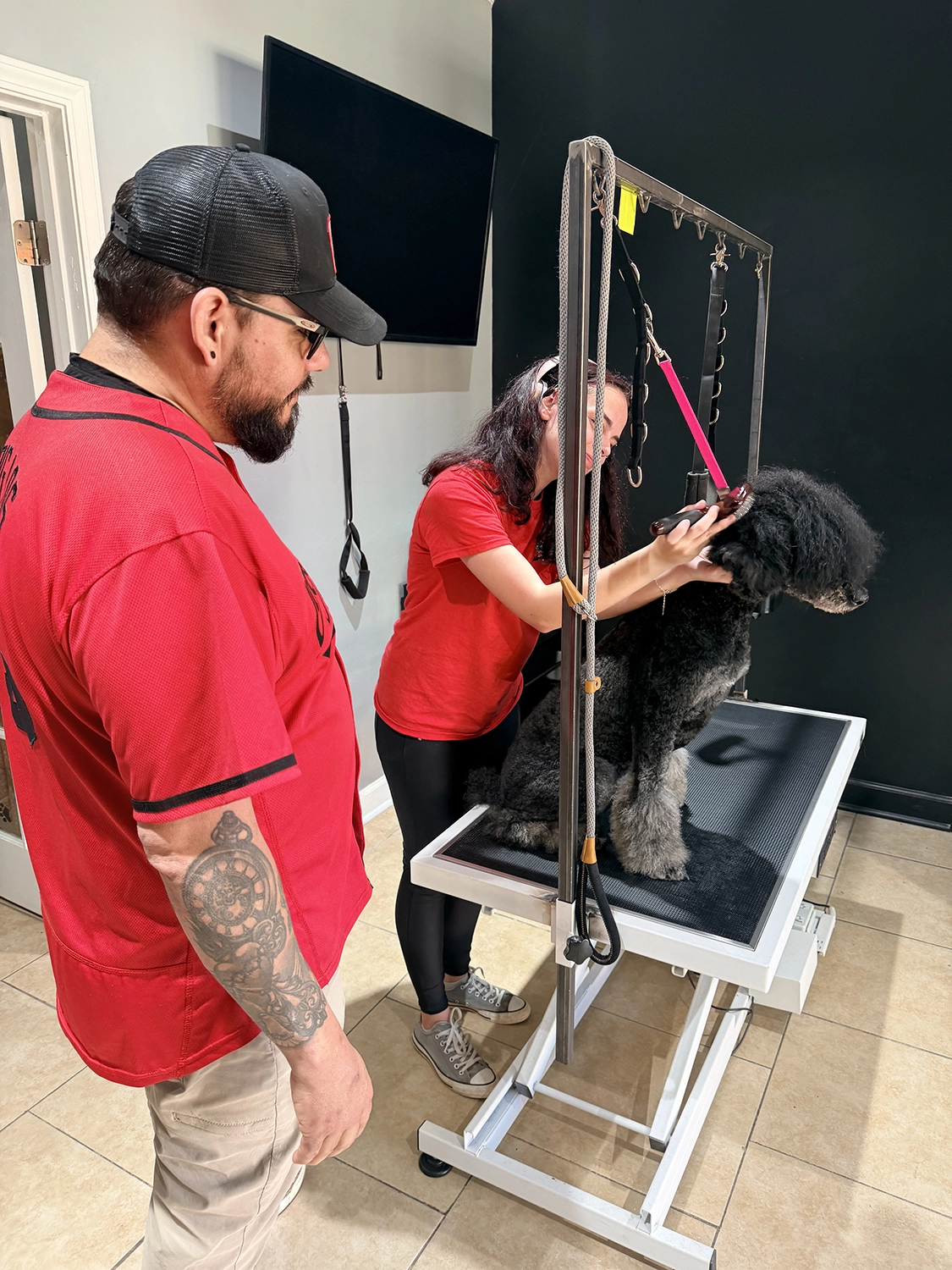 Person grooming a dog in a professional grooming facility, with instructor observing, emphasizing hands-on training at OTCK9 Grooming School.