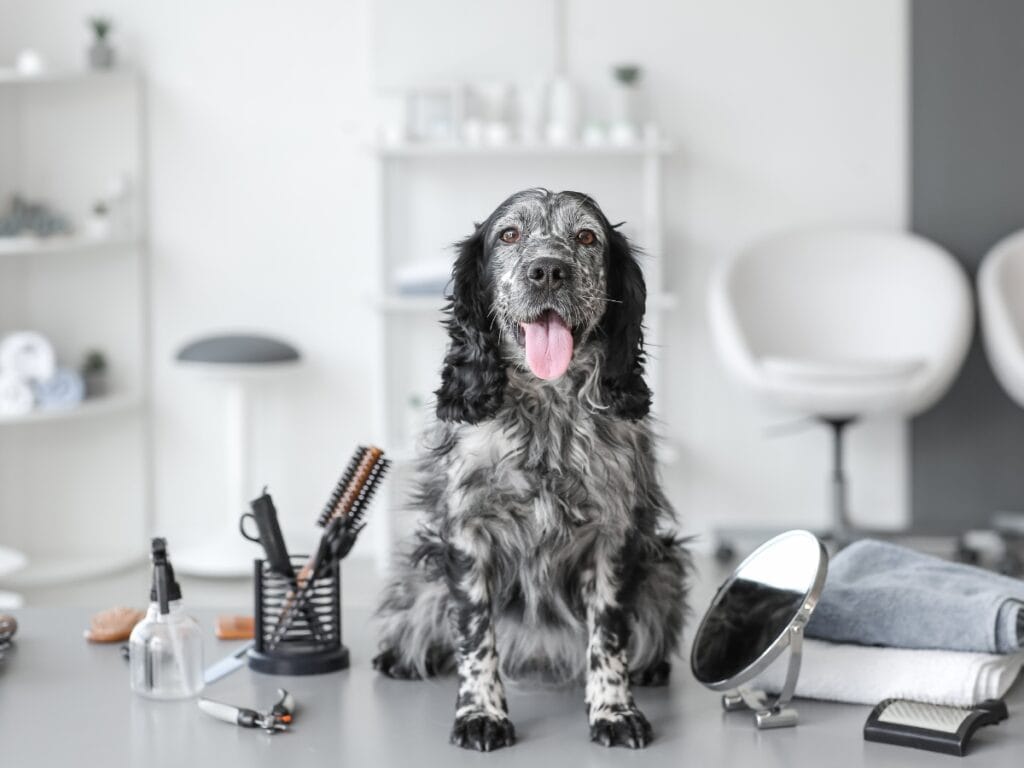 A black and white dog sits on a grooming table surrounded by grooming tools, brushes, towels, and a mirror in a modern salon—showcasing the benefits of becoming a dog groomer in a professional setting.