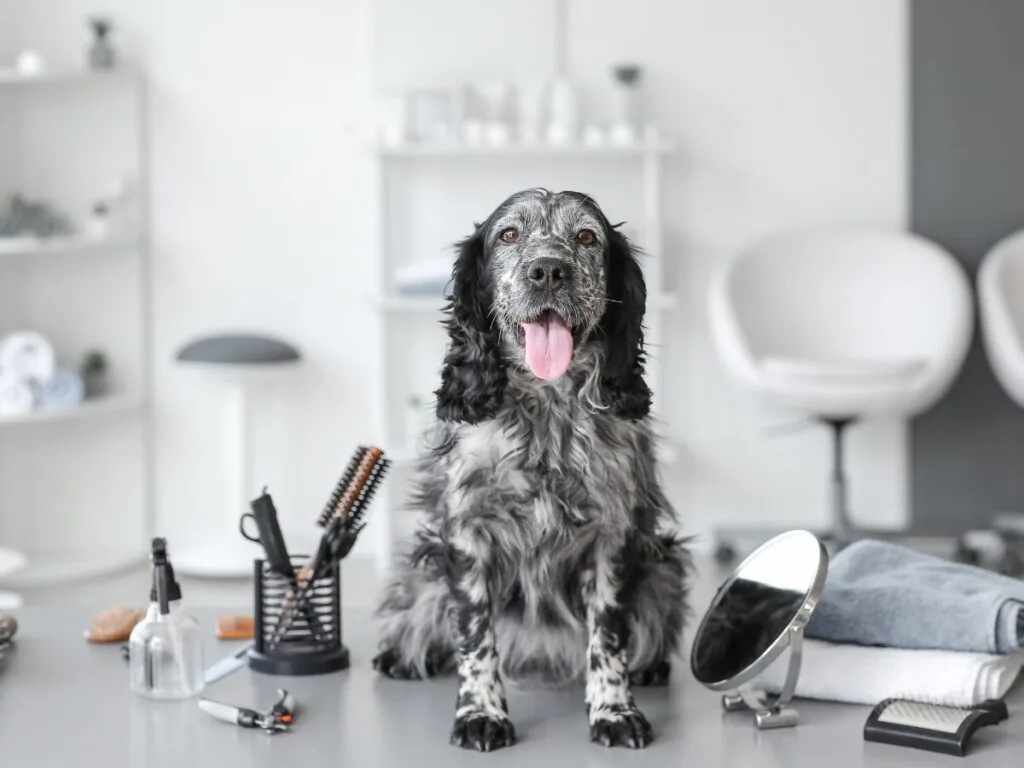 A black and white dog sits on a grooming table surrounded by grooming tools, brushes, towels, and a mirror in a modern salon&mdash;showcasing the benefits of becoming a dog groomer in a professional setting.