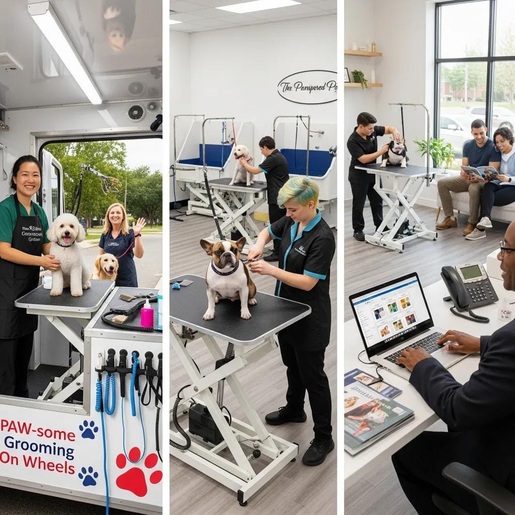 Groomers working in a salon, a mobile grooming van, and managing a small grooming business
