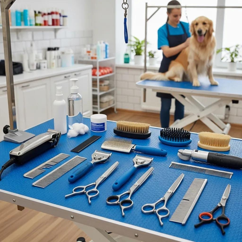 Core grooming tools: clippers, scissors, brushes arranged on a grooming table