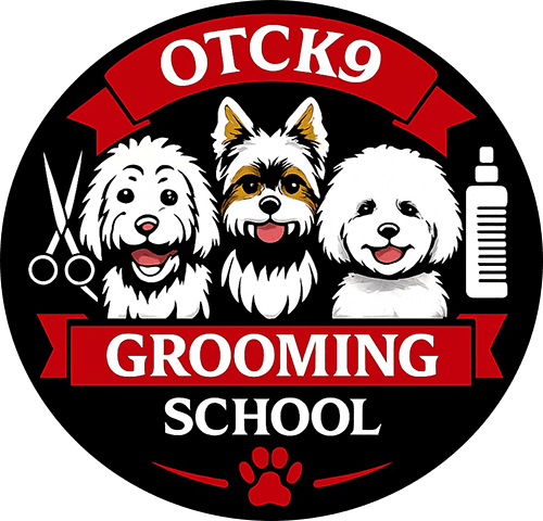 A round logo showing three cartoon dogs, grooming scissors, a comb, and a spray bottle. Text reads: "OTCK9 Grooming School" on red and black banners.