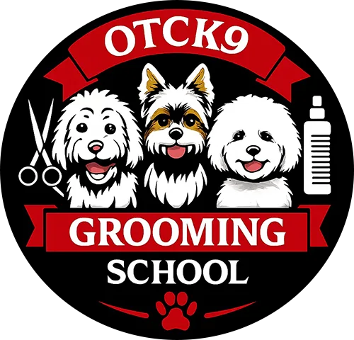 A round logo showing three cartoon dogs, grooming scissors, a comb, and a spray bottle. Text reads: "OTCK9 Grooming School" on red and black banners.