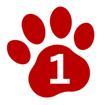 A red paw print with the number 1 in white centered on the largest pad.