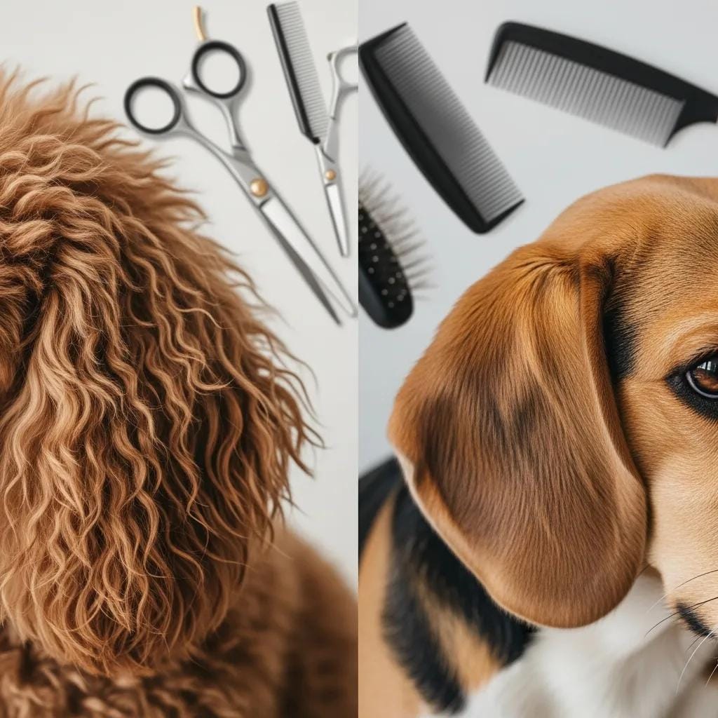 Close-up comparison of different dog coat textures to illustrate genetic variation