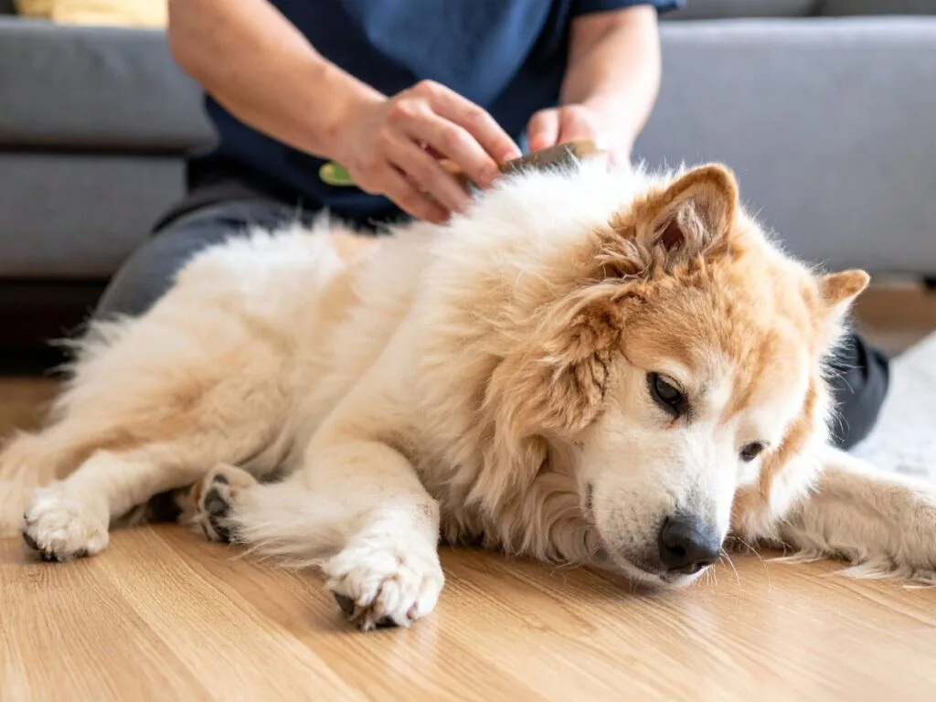 A person brushes the fur of a large, fluffy dog lying on a wooden floor in a home setting, possibly engaging in coat type identification.