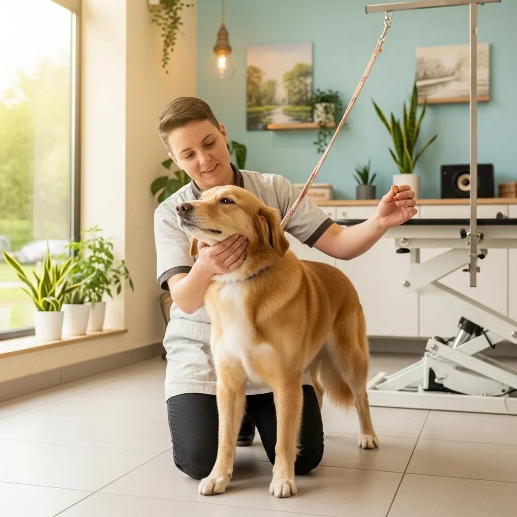 Groomer soothing a nervous dog with gentle handling