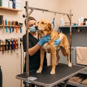 Professional groomer safely handling a dog in a grooming salon