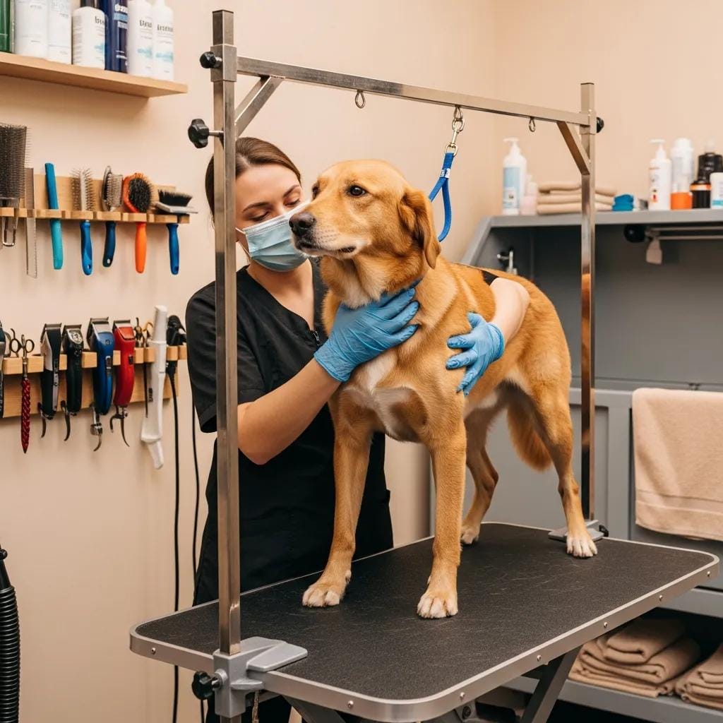 Professional groomer safely handling a dog in a grooming salon