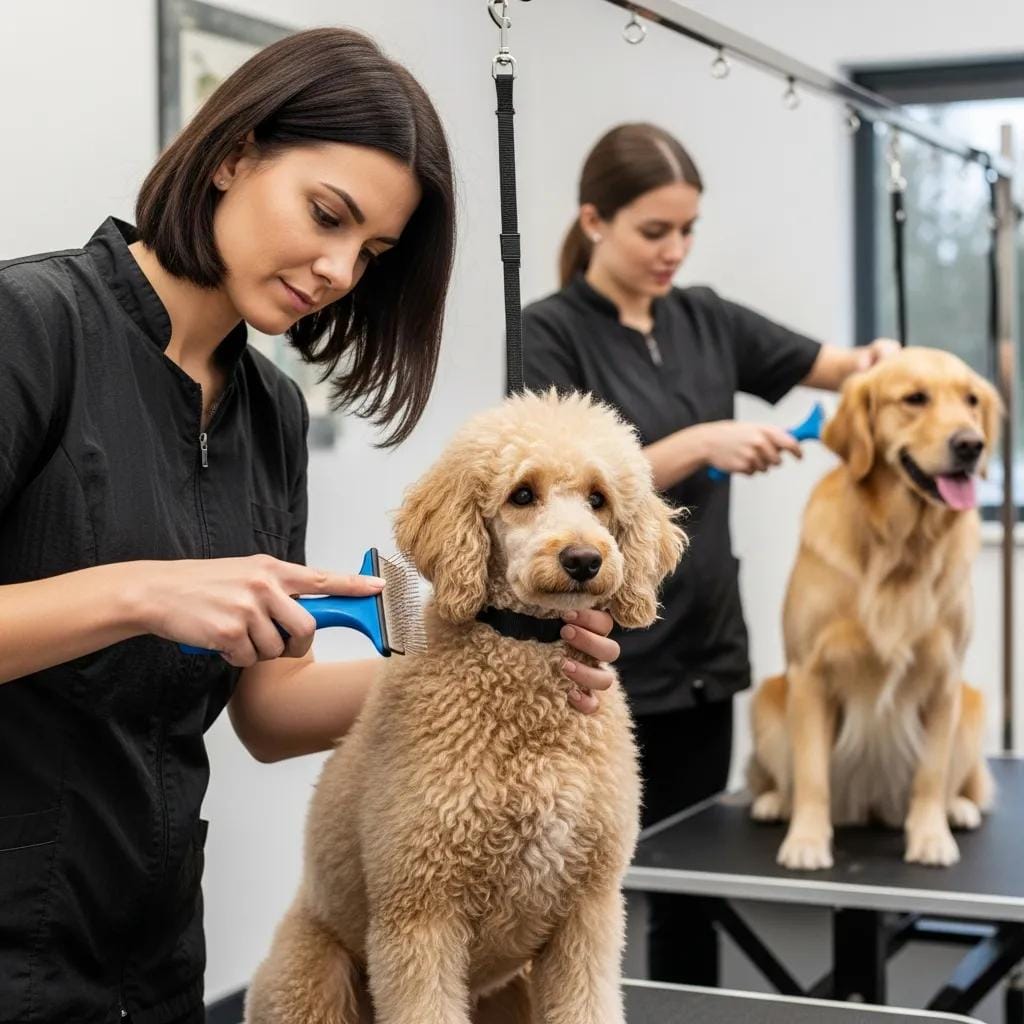 Groomers using the right tools and techniques for different coat types in a professional setting