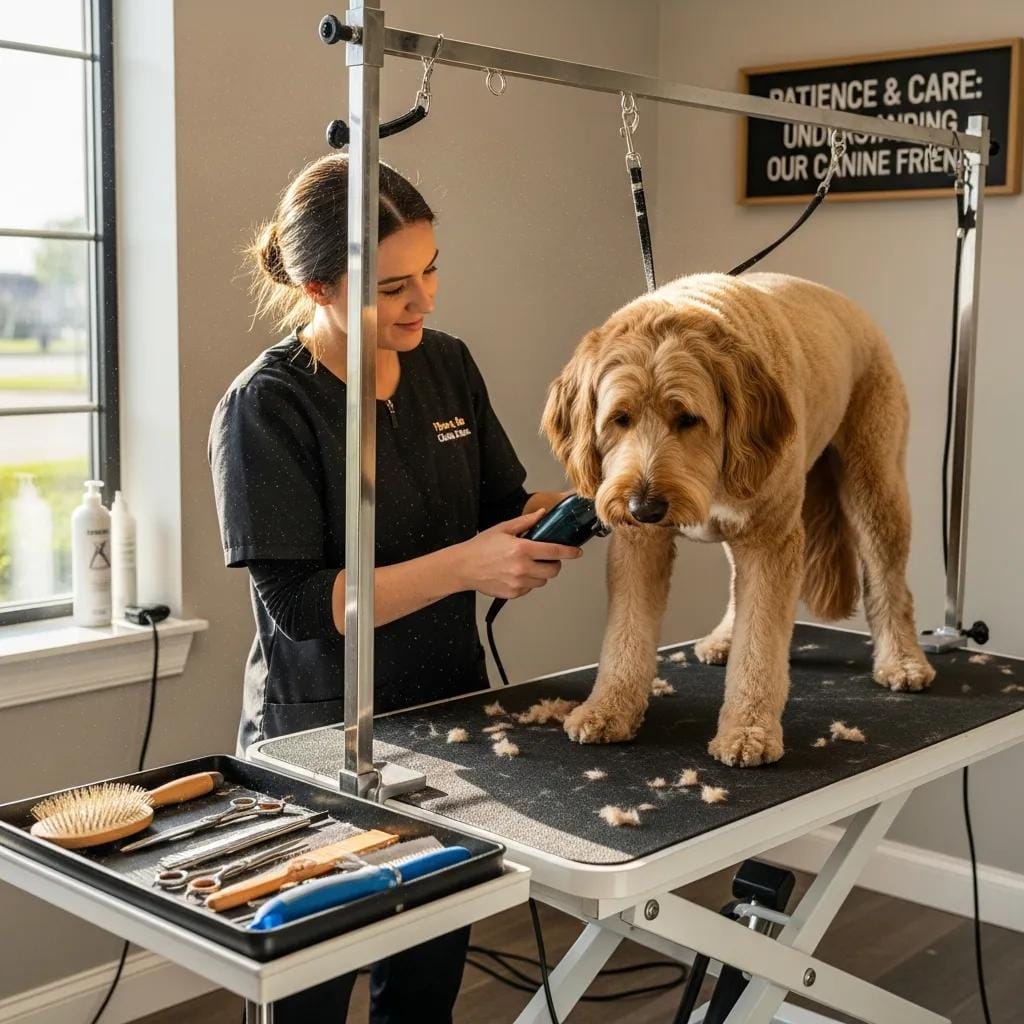 Groomer calmly handling a dog while demonstrating behavior management techniques