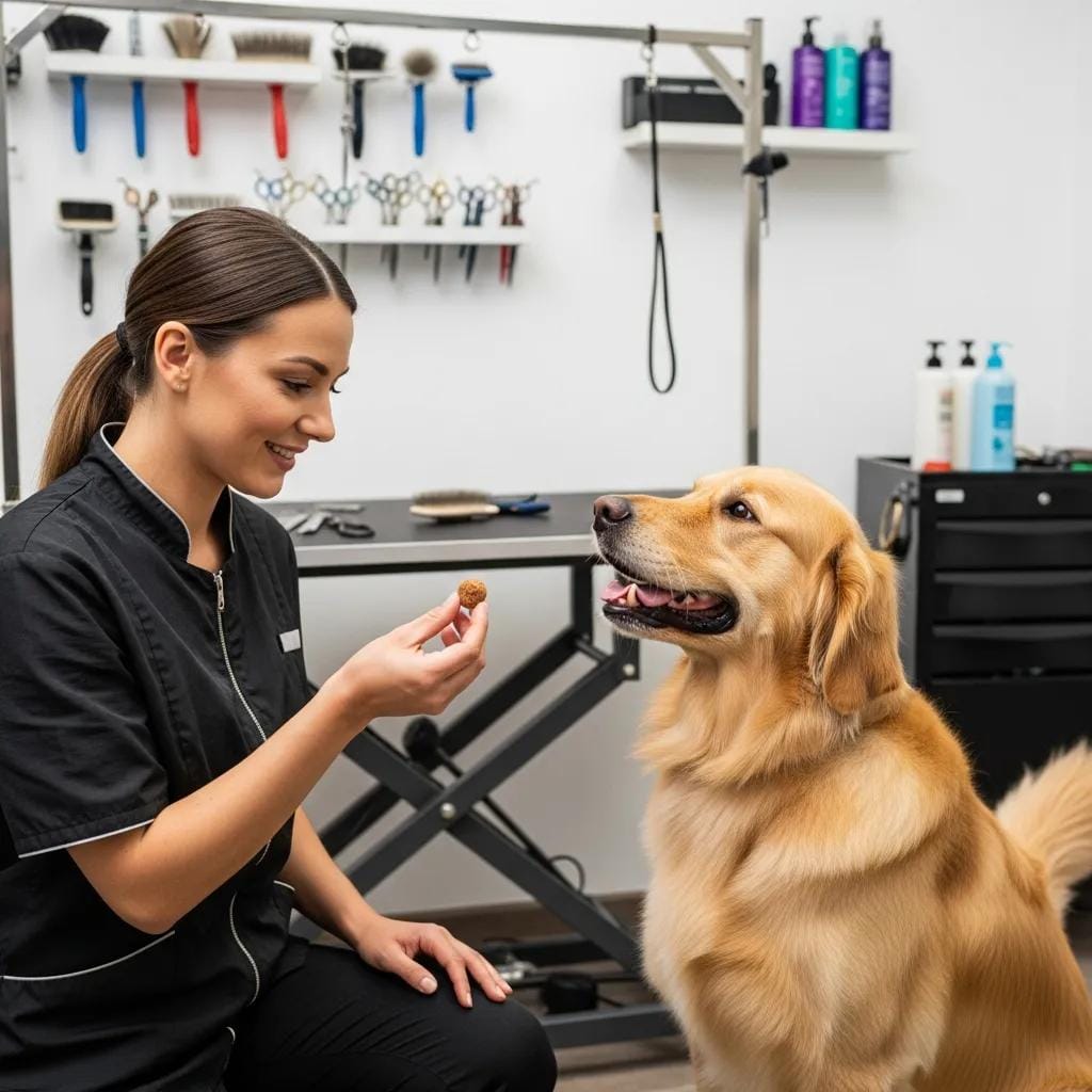 Groomer rewarding a calm dog with a treat to reinforce positive grooming behavior