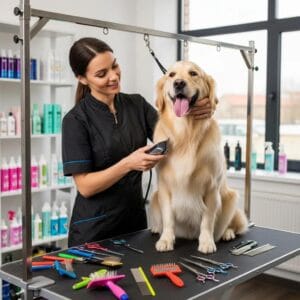 Professional dog groomer interacting with a dog in a grooming salon, highlighting hands-on training