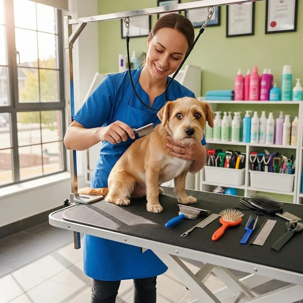 Professional dog groomer managing a nervous dog in a grooming salon