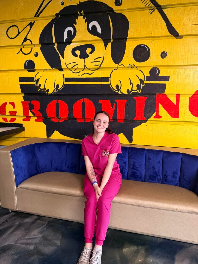 A woman in pink scrubs sits on a blue and beige couch in front of a yellow wall with a cartoon dog and the words "GROOMING" and "grooming services" painted on it.
