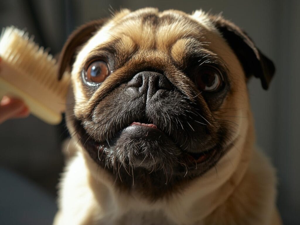 A close-up of a light brown pug with wide eyes, facing the camera, as a hand holds a grooming brush near its head, highlighting essential breed grooming.