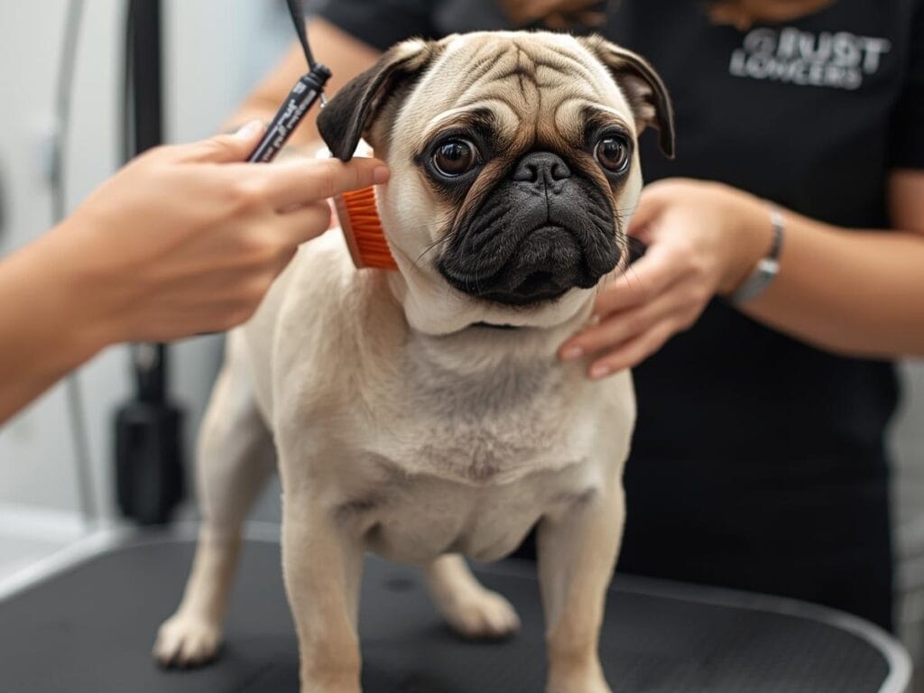 A pug stands on a grooming table while receiving careful breed grooming, brushed and trimmed by two people in a pet grooming salon.