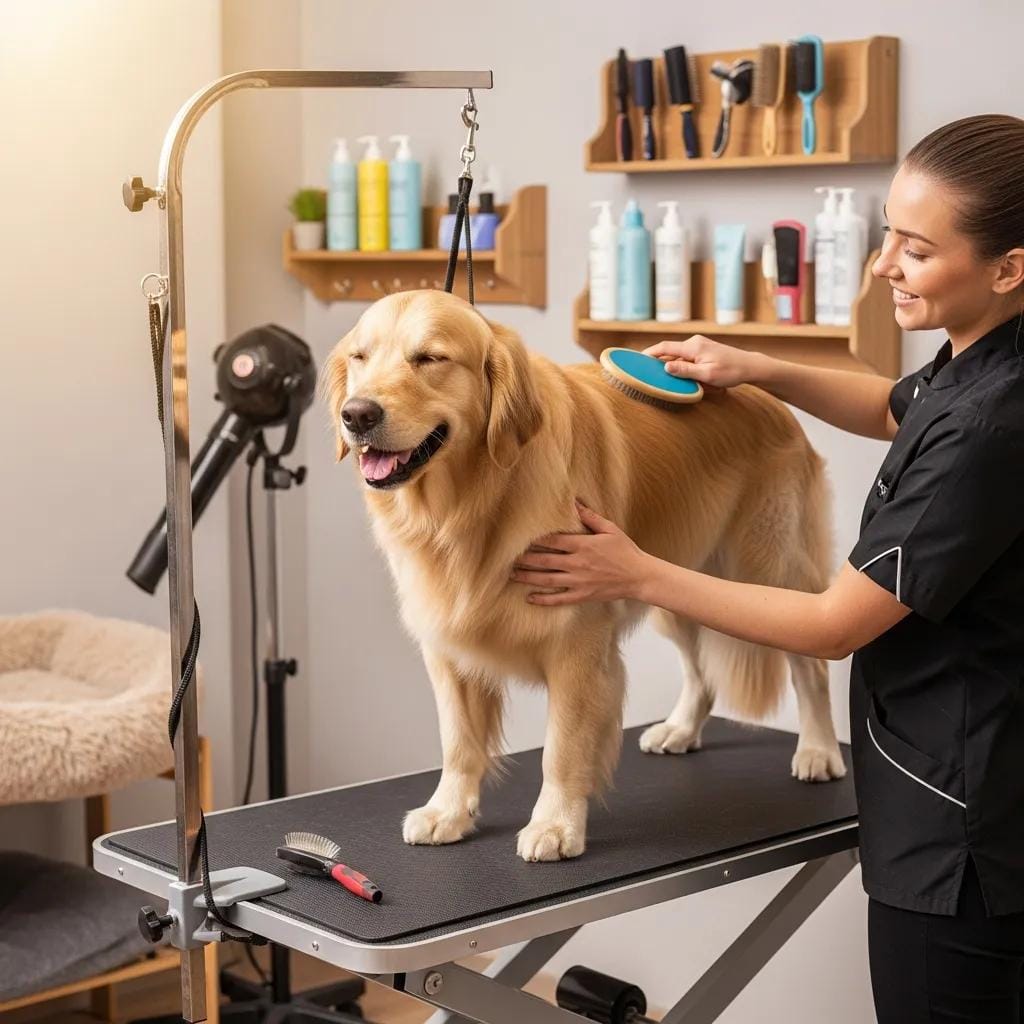 Calm dog being groomed in a stress-free environment with a professional groomer