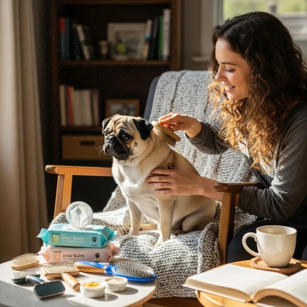 Pug being groomed with a brush in a cozy home setting
