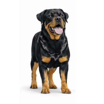 A Rottweiler dog standing on all fours with its mouth open and tongue out, looking fresh from professional grooming, against a plain white background.