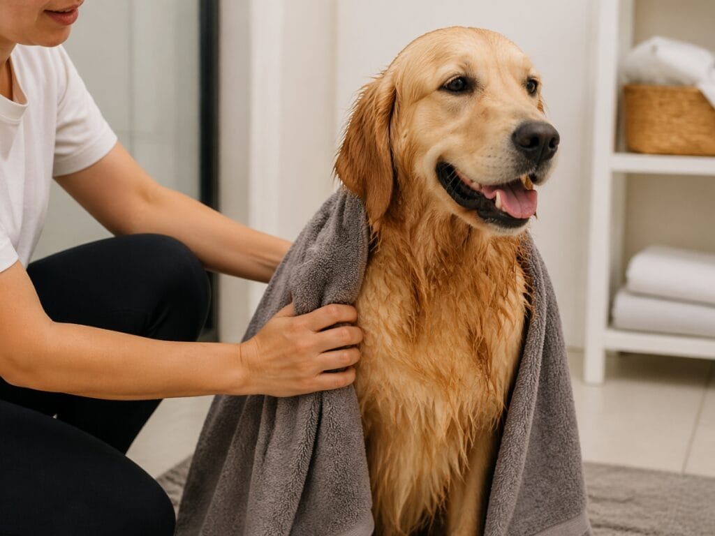 A person is drying a wet golden retriever with a gray towel in a bathroom setting.