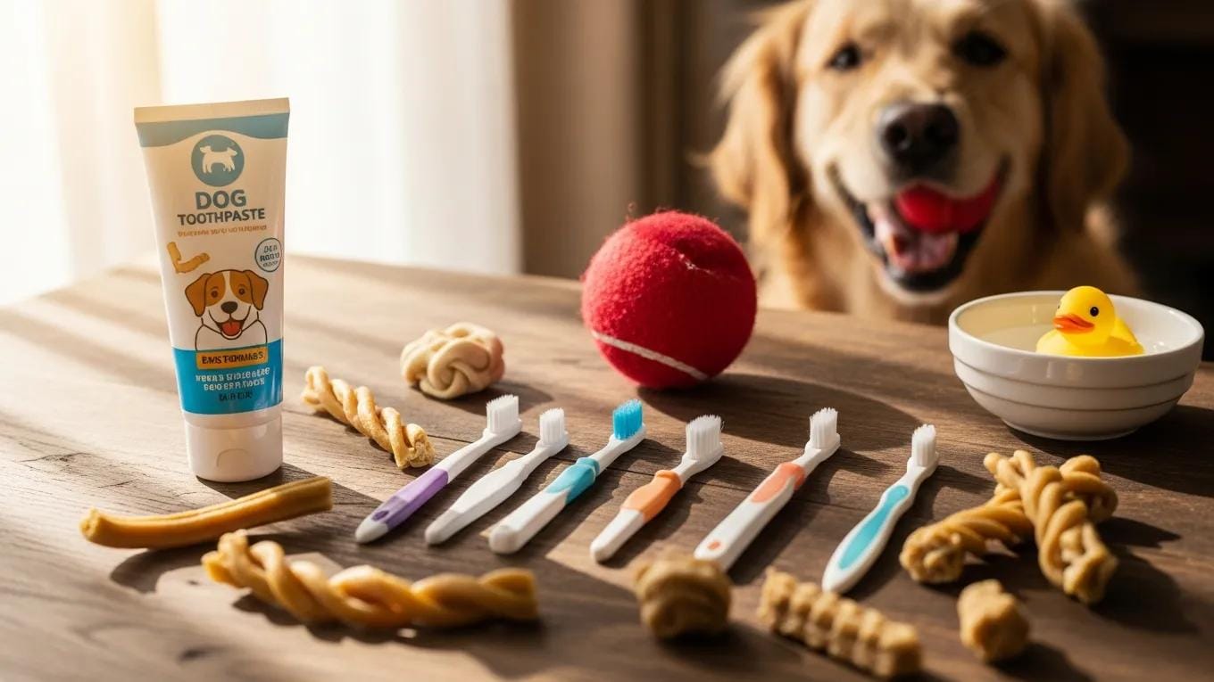 Dog dental care items: toothbrush, toothpaste, and dental chews — practical tools for everyday oral hygiene