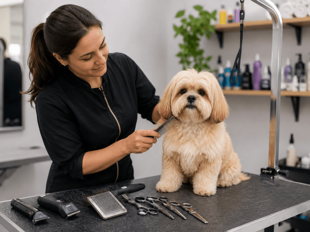 A groomer in black attire combs a small fluffy dog on a grooming table, with a neat grooming tools list&mdash;scissors, clippers, and brushes&mdash;arranged in front of them.