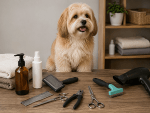 Small, fluffy dog sits on a table surrounded by a full grooming tools list—brushes, scissors, combs, spray bottles, and a hairdryer—with towels and shelves in the background.