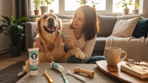 Happy dog with clean teeth and healthy gums, emphasizing the importance of dog dental health