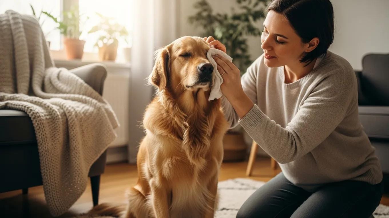 Dog owner cleaning dog's eyes with a soft cloth in a cozy home setting