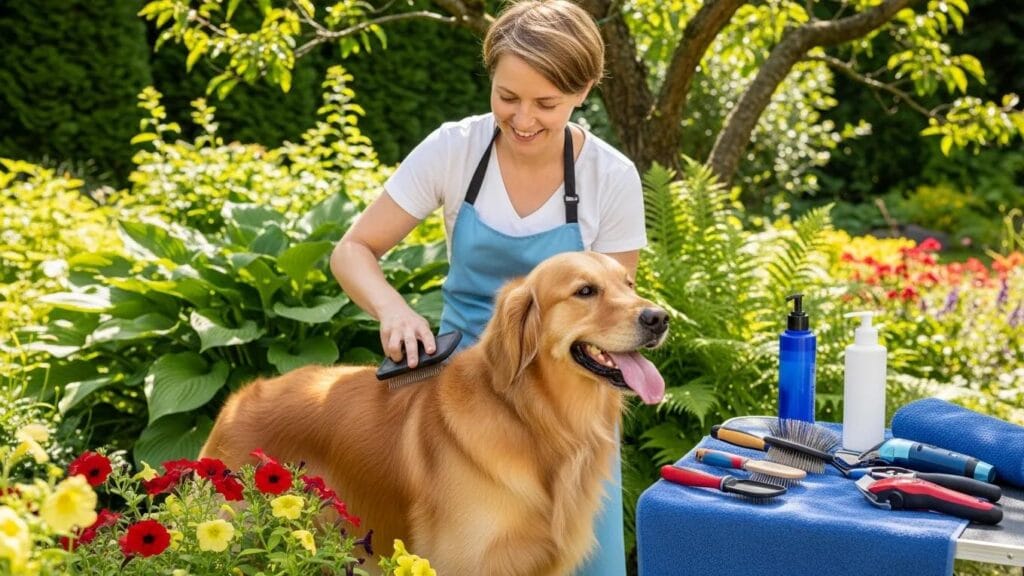 Happy dog being groomed in a sunny garden, showcasing summer pet grooming