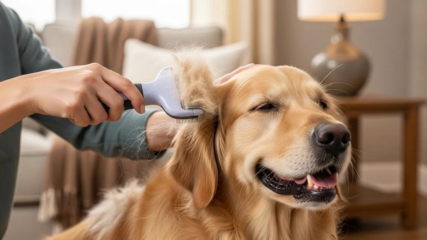 Owner brushing a dog to remove loose fur and reduce seasonal shedding