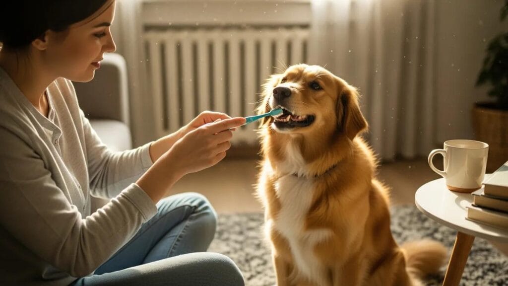 Pet owner brushing dog's teeth at home, emphasizing dog dental care