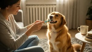 Pet owner brushing dog's teeth at home, emphasizing dog dental care