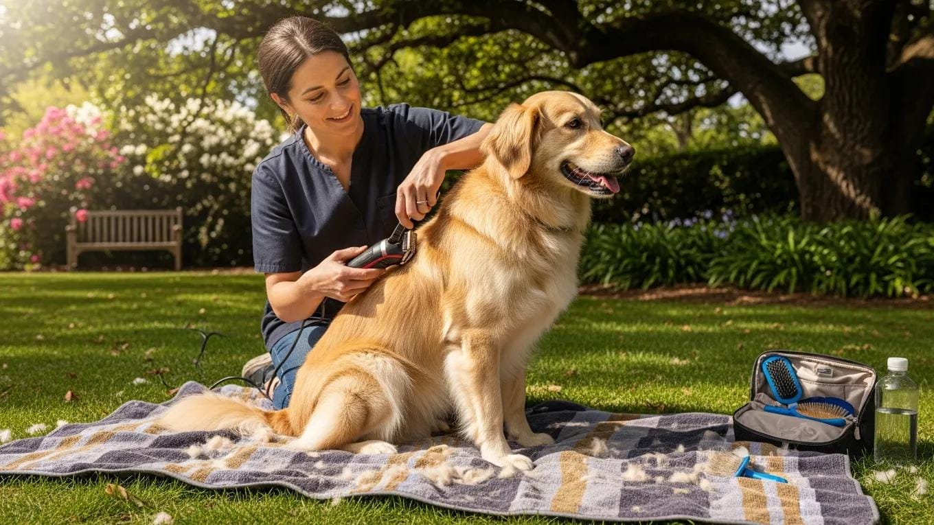 Owner trimming a dog's coat in the shade, demonstrating safe summer clipping technique